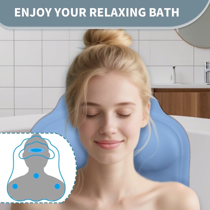 Deenwada Silicone Bath Pillow for Tub – Ergonomic Bathtub Headrest with Inflatable Air Cushion, Non-Slip Suction Cups & Neck/Back Support – Comfortable Spa Bath Accessory for Relaxation (Blue) - Image 3